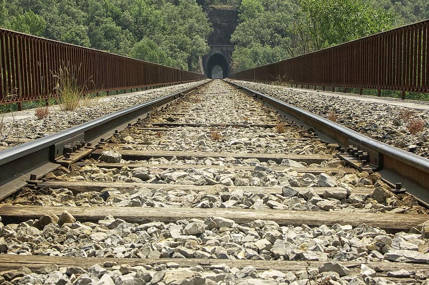 jalan kereta api, jalur, rel kereta, jembatan, terowongan, angkutan, titik hilang, baja, logam, industri, perspektif yang berkurang