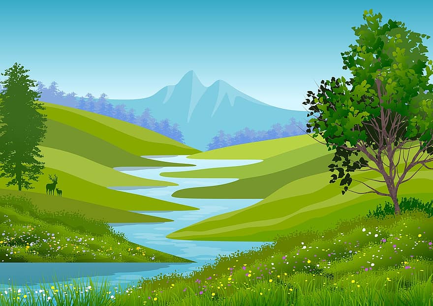 ilustração, fundo, desenhando, panorama, montanha, rio, agua, Colina, erva, flores, floral