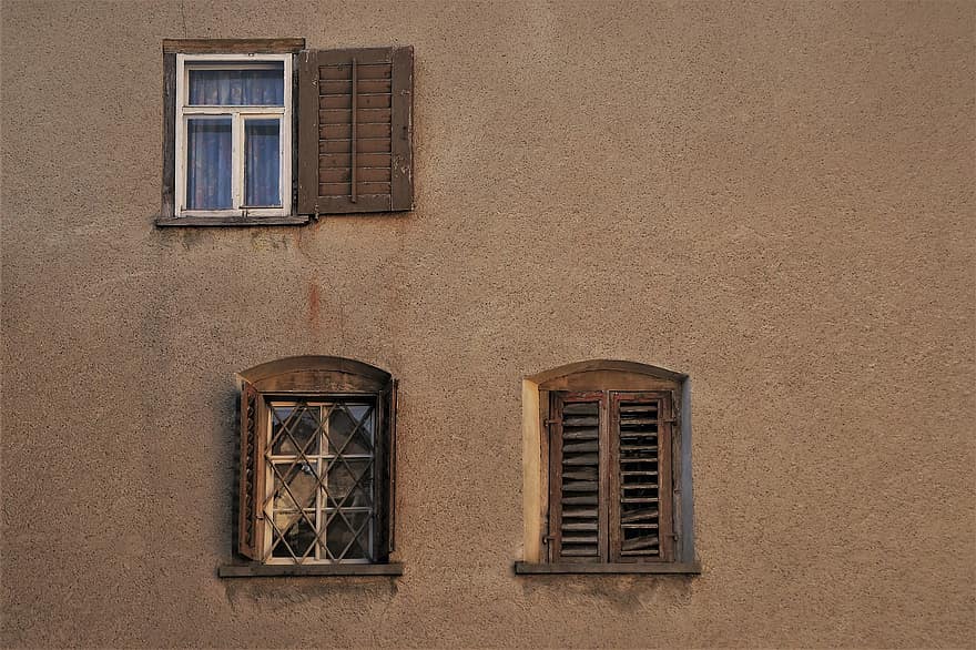 Κτίριο, παράθυρα, τείχος, πρόσοψη, πρεβάζι, παλαιός, γύψος