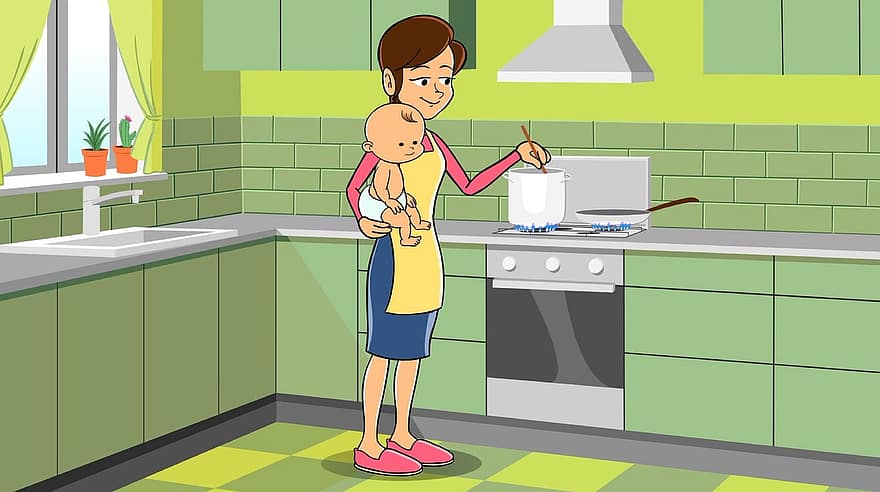 чертеж, майка и син, готварски, кухня, къща, дете, карикатура, илюстрация, гърне, печка, домашна кухня