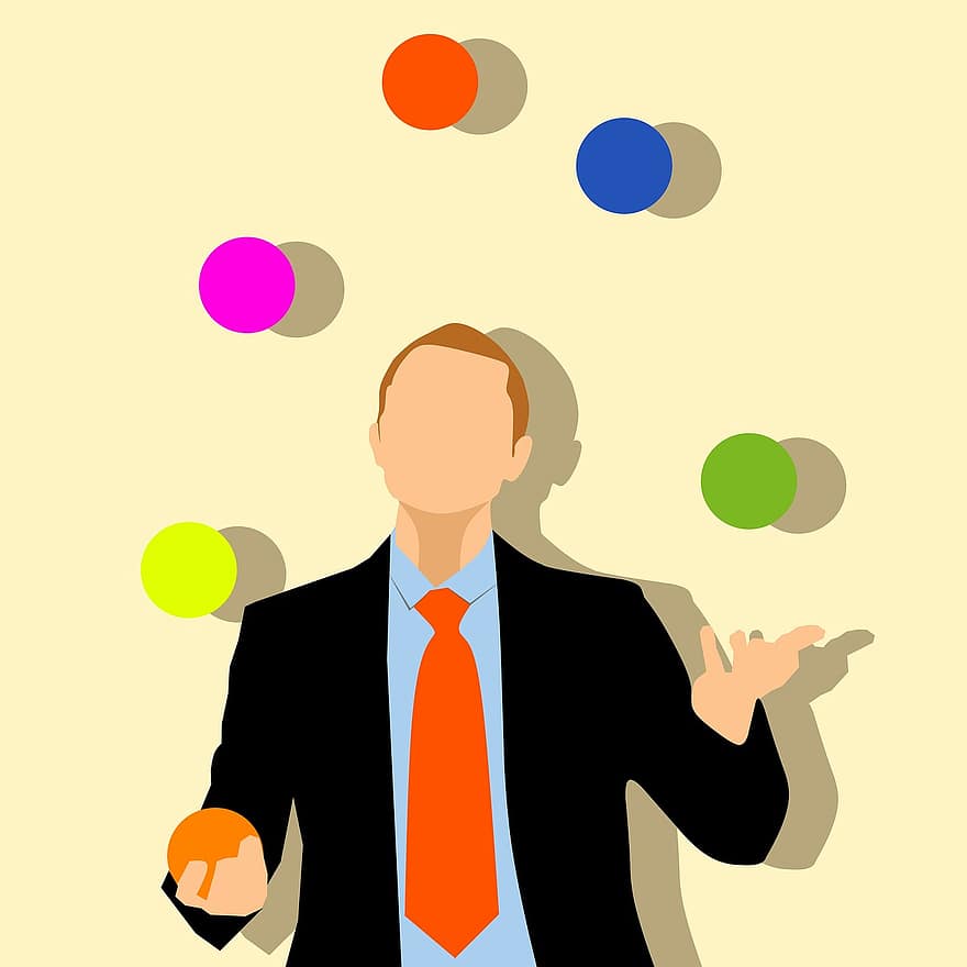 топки, бизнесмен, цветен, жонглиране, костюм, вратовръзка, кавказки, работодател, служител, изпълнителен директор, шеф