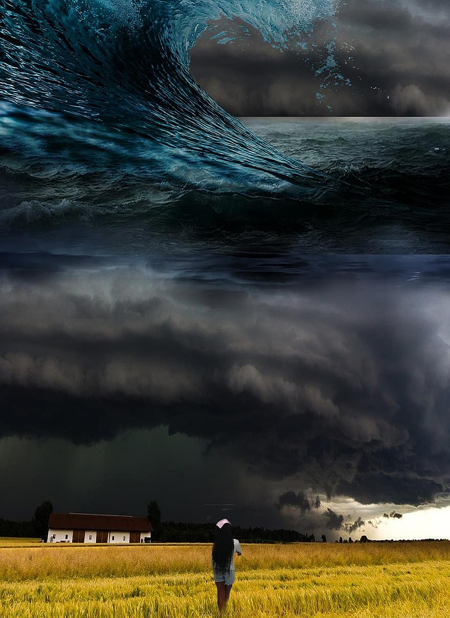 tempestade, onda, campo, tornado