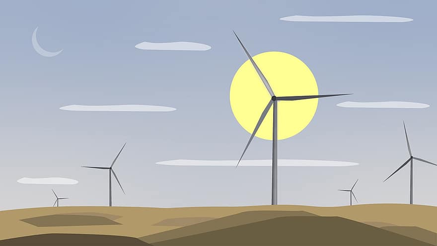 風車、砂漠、太陽、雲、空、風力タービン、燃料と発電、風、風力、電気、ジェネレータ
