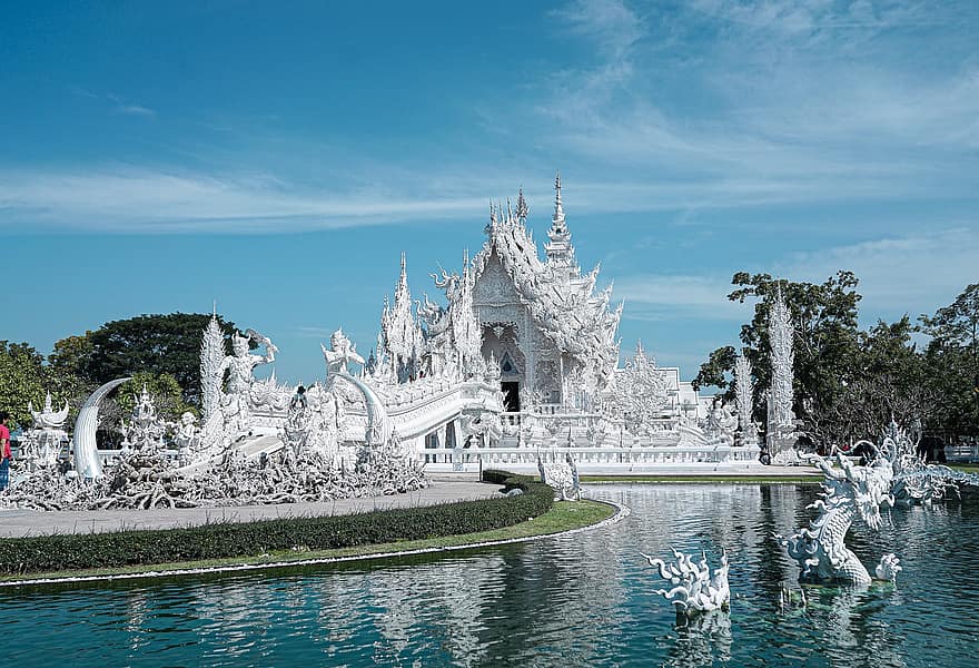 wat rong khun, templo branco, templo budista, arquitetura, ponto de referência, tailandês, tailândia, lugar famoso, budismo, culturas, religião