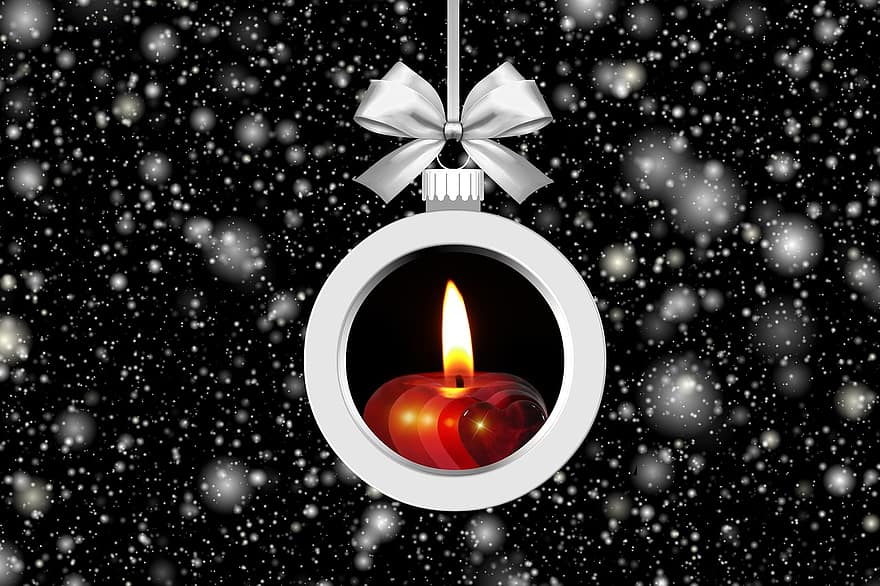Kalėdų eglutės kamuolys, žvakė, sniegas, Kalėdų ornamentas, žiedas, juvelyriniai dirbiniai, Kalėdų papuošalai, apdaila, Kalėdos, dizainas