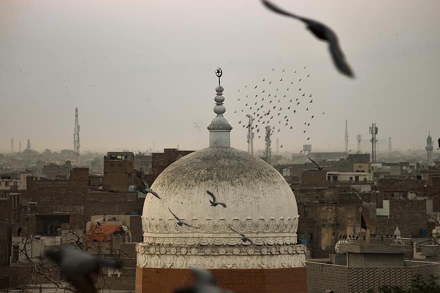 putni, baloži, reliģiju, mošeja, islams, Pakistāna, ēka