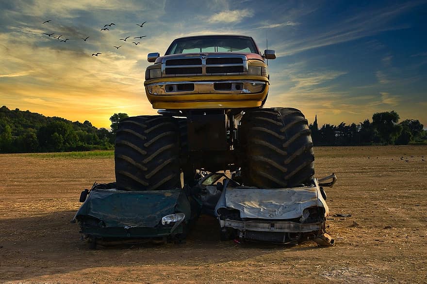 temppu, monster truck, ajoneuvoja, maatalous, maatila, maaseudulla, maa-ajoneuvo, auto, koneet, maastoajoneuvo, lika