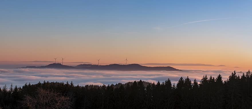 Mountain, Windmills, Fog, Trees, Forest, Black Forest, Valley, Sunshine, Sky, Morning, Clouds