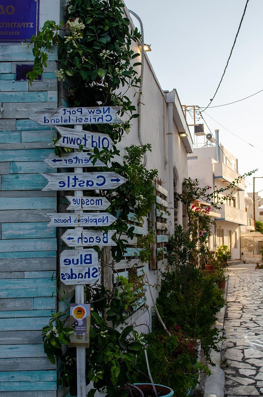 Griechenland, Stadt, Dorf, Zeichen, Richtung, die Architektur, Gebäudehülle, Reise, gebaute Struktur, Tourismus, Blau, Kulturen