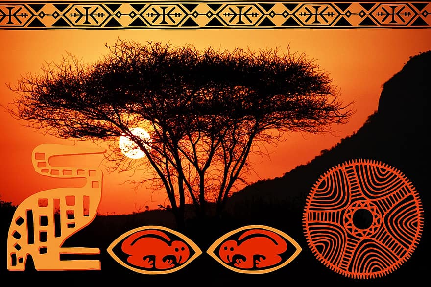Afrika, Safari, Sommer-, Sonne, Natur, Sonnenuntergang, Grafik, Ethno-Grafik, ethnologische, Symbole, Landschaft