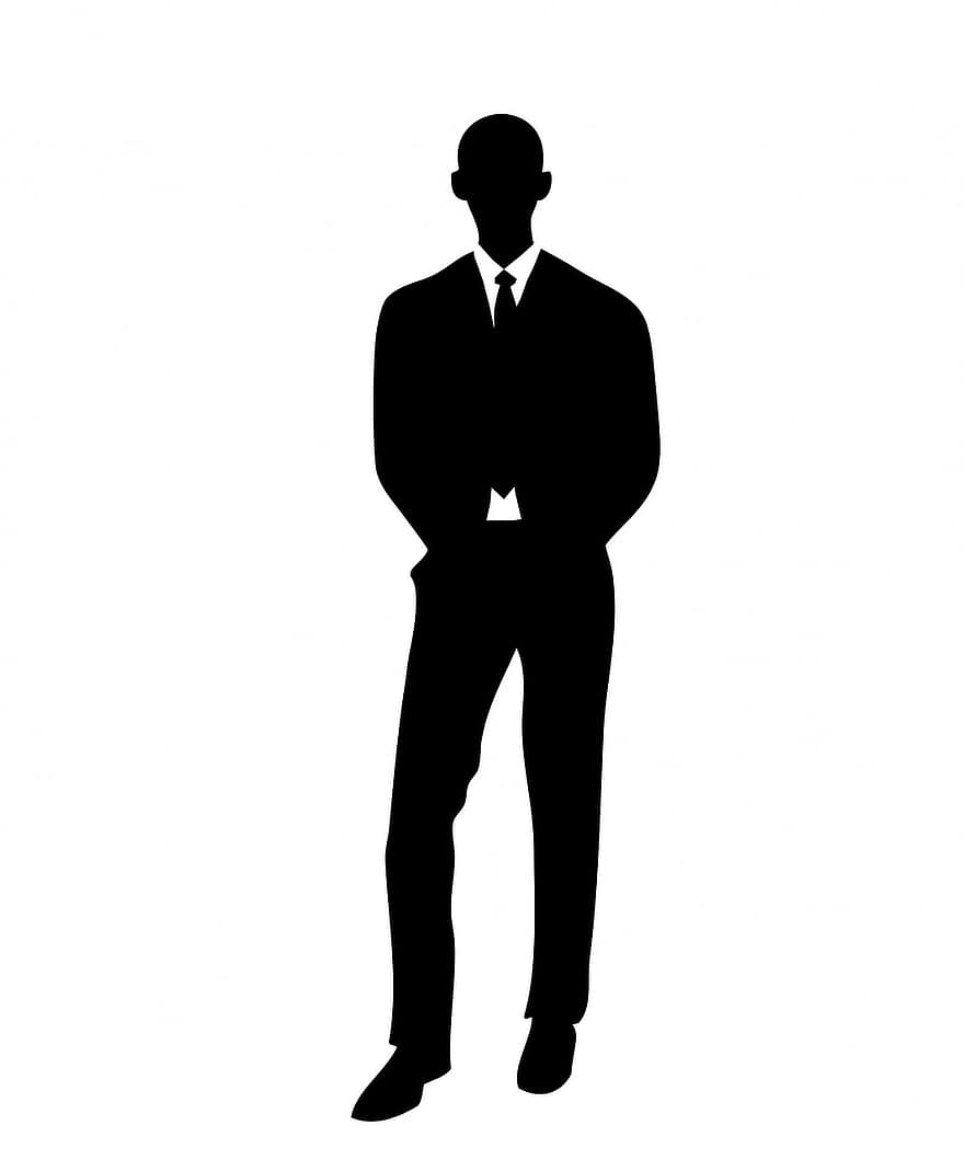man, mannetje, zakenman, persoon, pak, stropdas, zwart, silhouet, schets, vorm, wit
