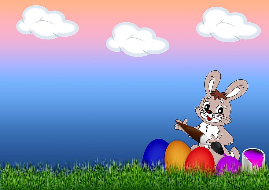 Pascua de Resurrección, huevo, hierba, conejo de Pascua, cepillo, color, pintar, Felices Pascuas, fondo, vistoso, huevos de colores