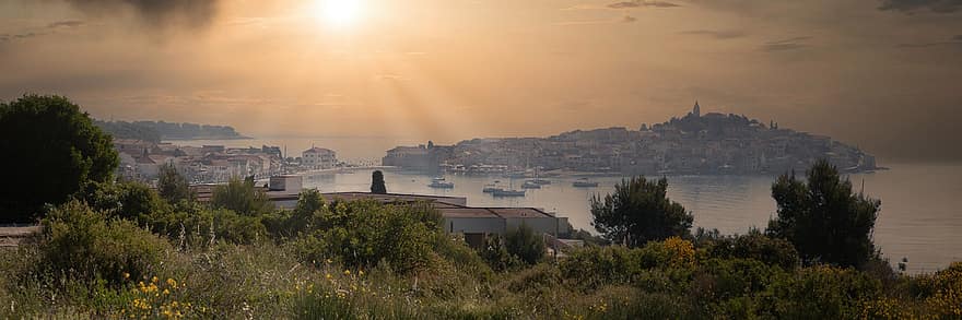 Sea, Sunrise, Primosten, Croatia, City, Sun, Travel, To Travel, Vacations, Summer, Landscape