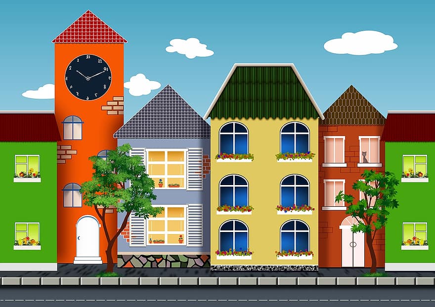 hus, träd, fönster, gata, urban, arkitektur, färgrik, ritning, stad