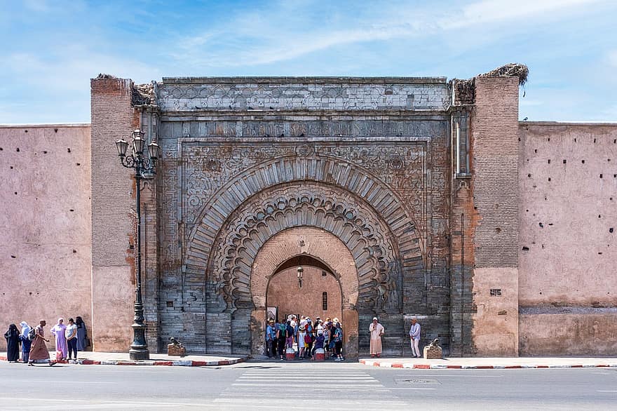 budynek, drzwi, gruzy, drewniana brama, portal, architektura, ornament, orientalny, marrakech, marokański, turystyka