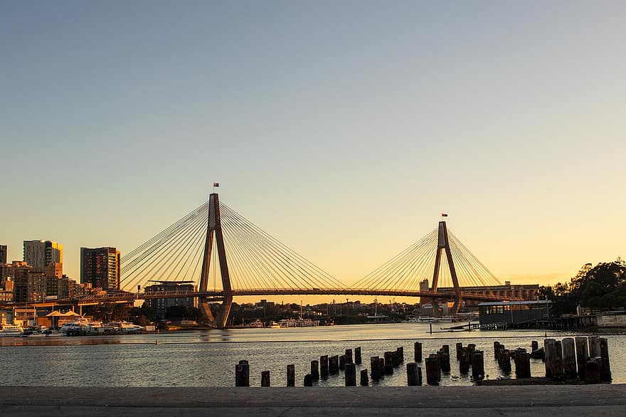 tilts, osta, pilsēta, anzac, Sidneja, saulrieta, ostā, līcī, mols, orientieris, ēkām