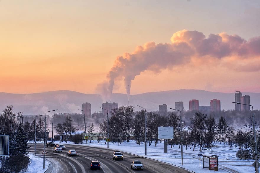 fumar, suciedad, la carretera, tráfico, naturaleza, cielo, Siberia, hielo, contaminación, estructura física, industria
