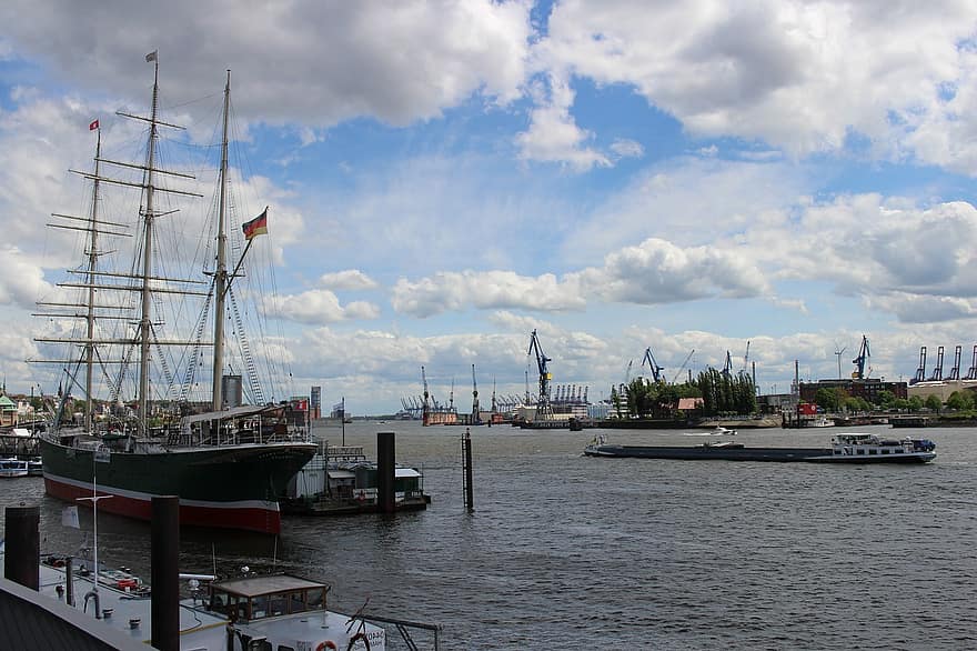 Эльба, гамбург, парусное судно, Рикмер Рикмерс, панорама