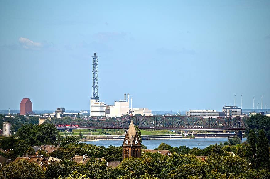 Duisburg, oraș, râu, Rinul, pod de cale ferata, clopotniţă, turnul bisericii, plantă industrială, clădiri, urban, Germania