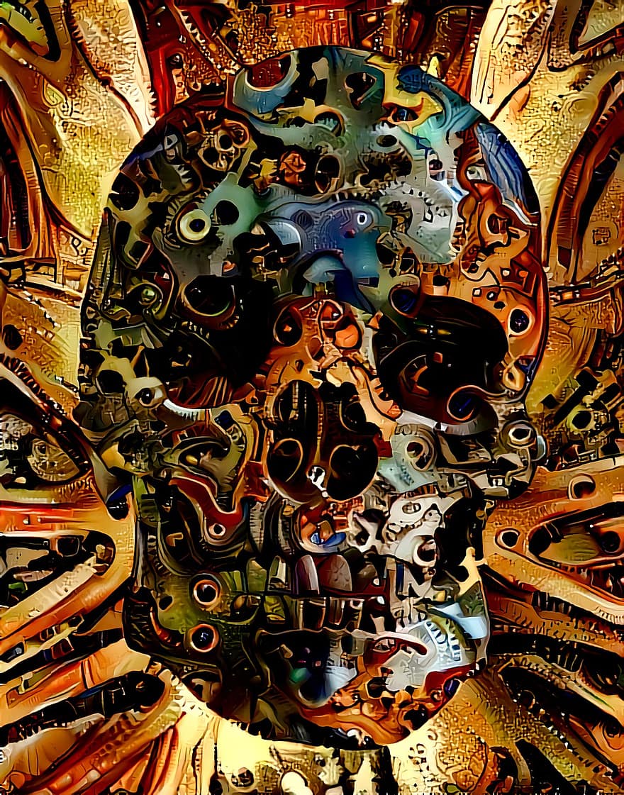Skull, Steampunk, Clockwork, Gears, Metal, Brass, Clogs, Mechanical, Machine, Robot, Death