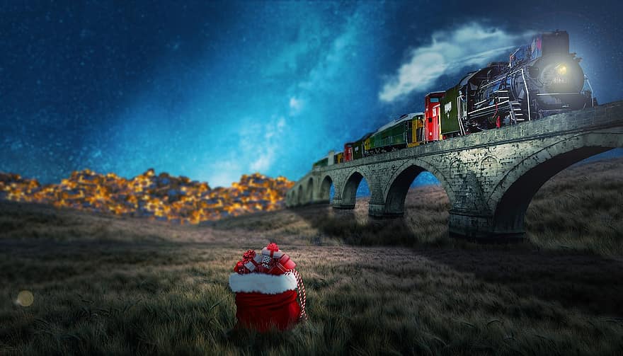влак, Коледа, подарък, магически, звезди, млечен път, чанта, нощ, пейзаж, планина, син