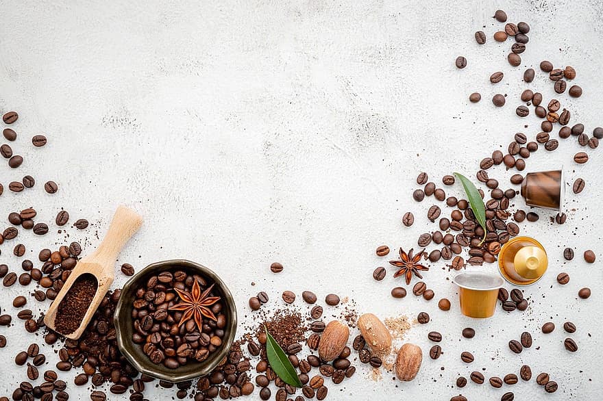 grãos de café, colocação plana, fundo, madeira, arábica, feijões, chão, assado, bebida, aromático, cafeína