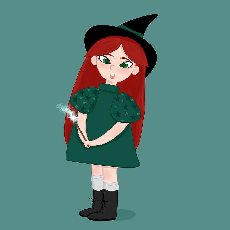 lány, boszorkány, halloween, kosztüm, karakter, varázslat, kalap, boszorkányság, fantázia, aranyos