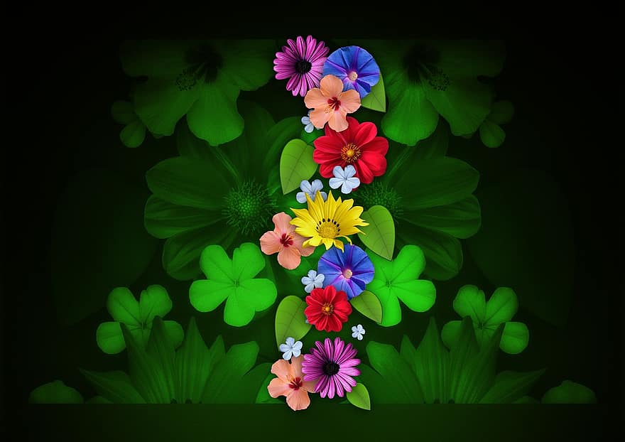blommor, collage, kombination, sommar, stil, vår, växt, natur, blad, grafisk, flora