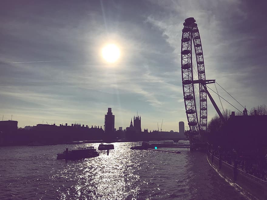 London szeme, óriáskerék, móka, napnyugta, utazás, uk, Anglia