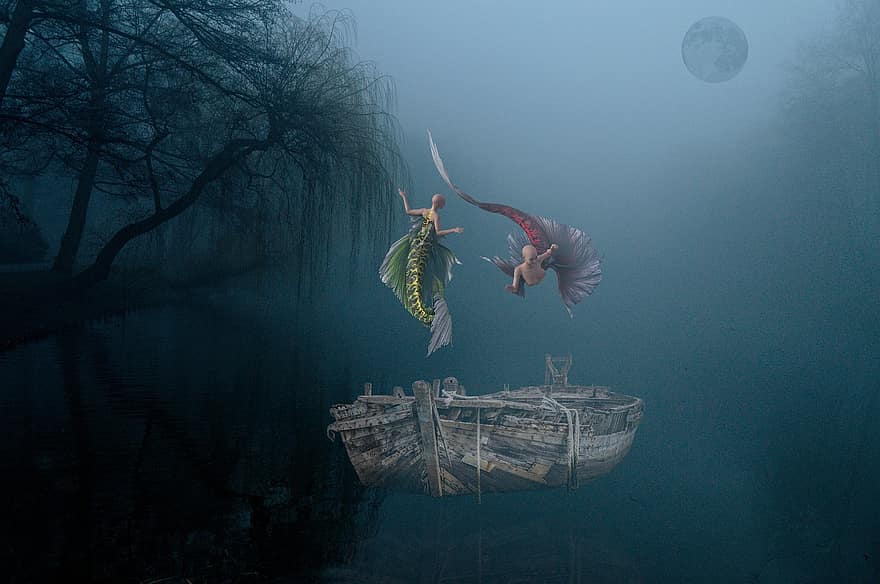 фантазія, складання, русалка, човен, туман, води, озеро, природи, міфічні істоти, містичний, загадковий