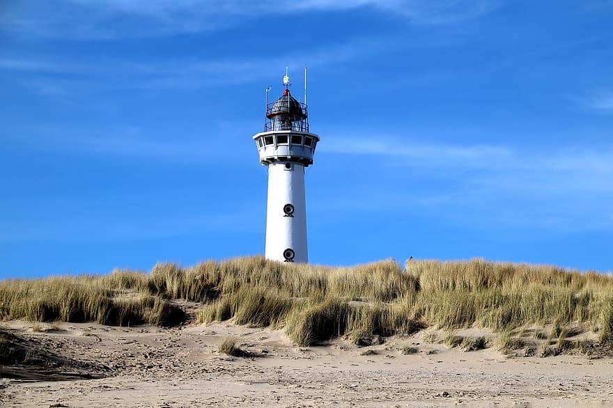 phare, paysage, plage, Hollande, Pays-Bas, la mer du Nord, Hollande du Nord, littoral, bleu, le sable, balise