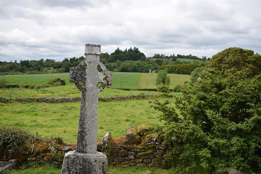 keltský kříž, náhrobek, hřbitov, kámen, přejít, starý, náboženství, historický, hrob, zvětralý, pole