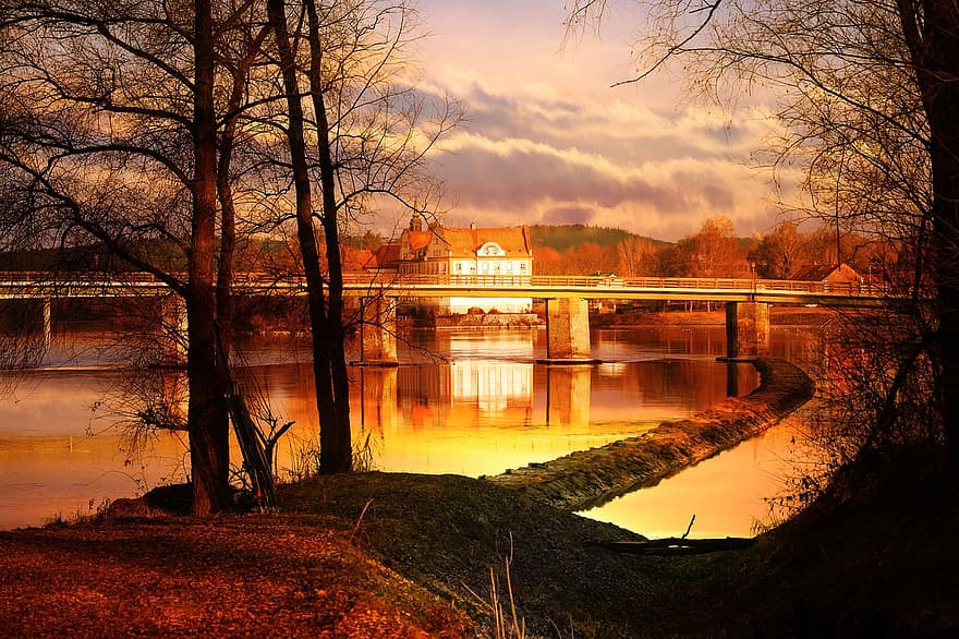 lago, tramonto, monastero, natura, Schärding, acqua, crepuscolo, architettura, albero, paesaggio, autunno