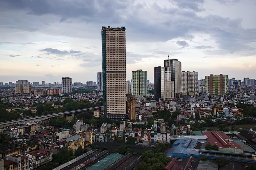 град, облачен, Ханой, Виетнам, градски, пейзаж, градски пейзаж, небостъргач, градски силует, архитектура, външна сграда