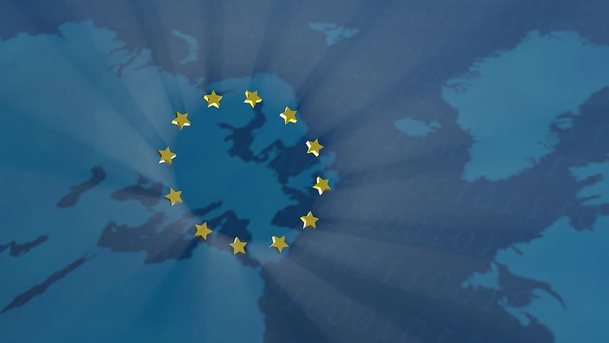欧州連合、EU、ヨーロッパ、個人情報保護方針、データ、地図、きらきら、青、地図作成、図、抽象