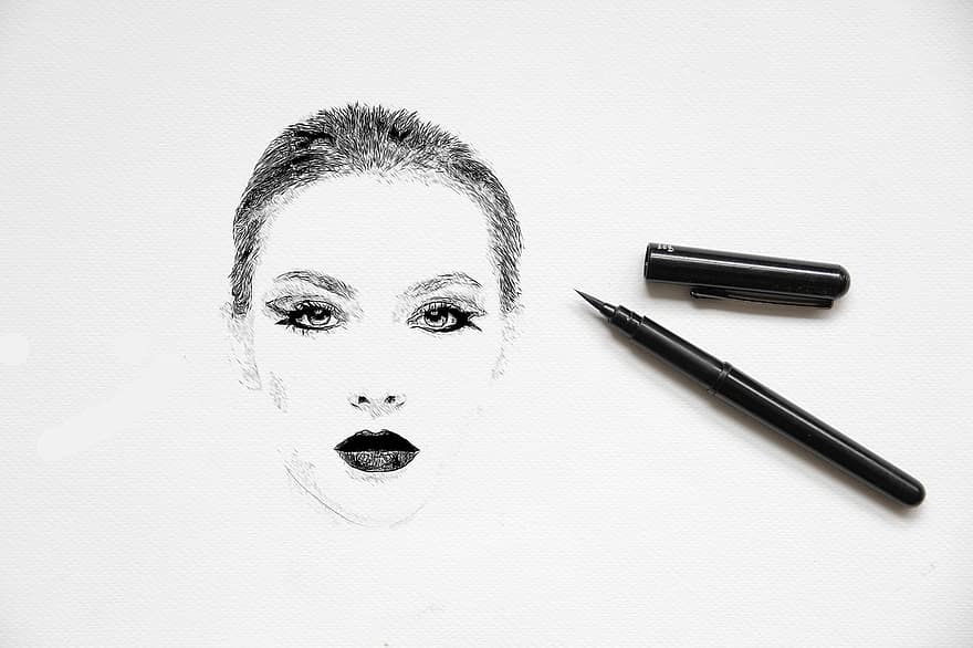 escova, caneta, face, mulher, desenhando, desenhar, doodle, criativo