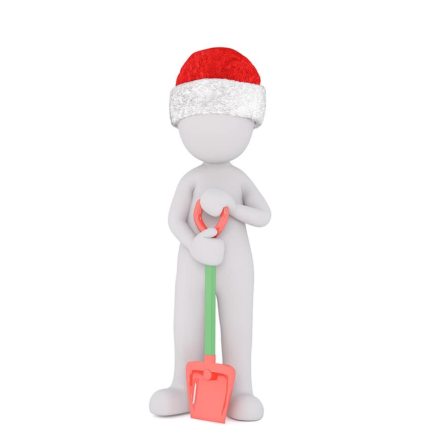 hombre blanco, modelo 3d, cuerpo completo, 3d, blanco, aislado, Navidad, sombrero de Santa, pala, Schuppen, nieve