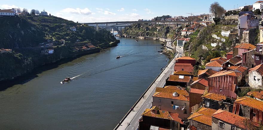 hamn, portugal, stad, tak, hus, flod, douro, turism, lugna, båtar, Europa
