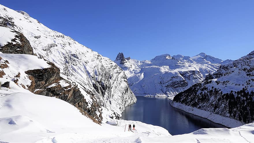 reservoar, fjell, vinter, Graubünden, snø, is, blå, fjelltopp, landskap, eventyr, reise