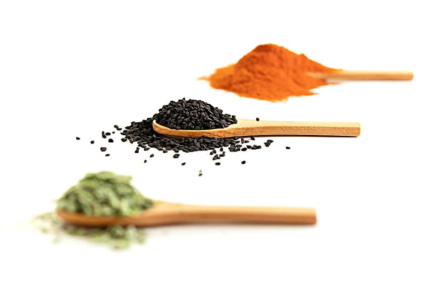 Spices, Nigella Seeds, Spoons, Black Cumin, Tarragon, Paprika, Wooden Spoons, Condiments, Flavoring, Seasoning, Food