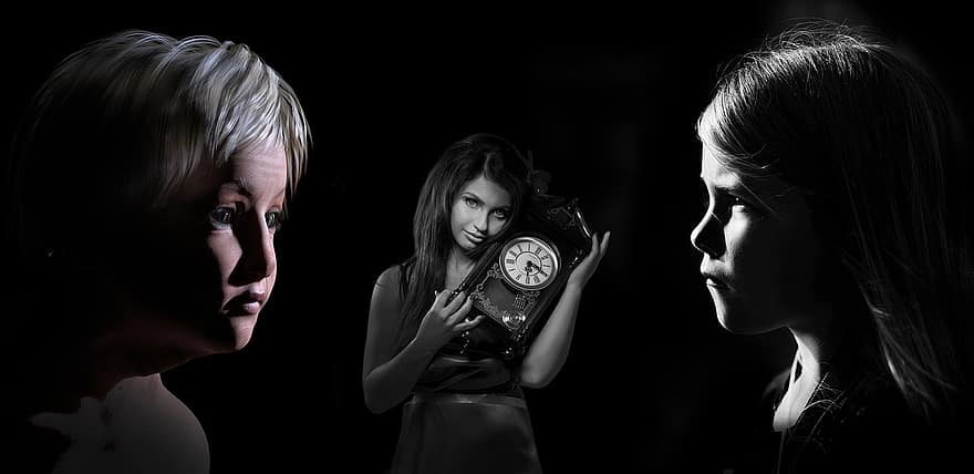pomíjivost, hodiny, dívky, portrét, profil, čas, tvář, žena, život, výraz, černobílý