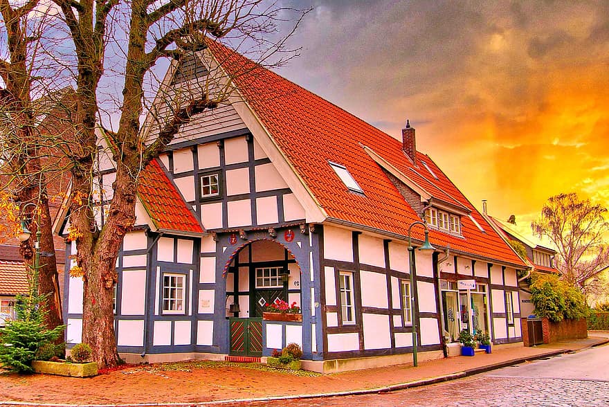 casa, Cidade, aldeia, Werther, ostwestfalen, arquitetura, treliça, histórico, outono
