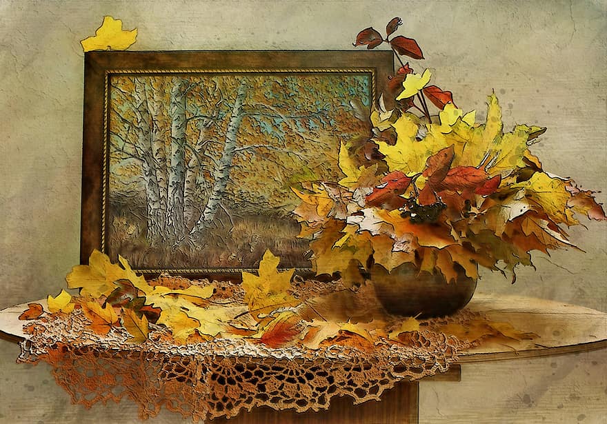 φύλλα του φθινοπώρου, φύλλα, μέσα, πλαίσιο, ζωγραφική, έργα τέχνης, τραπέζι, ψηφιακό, φωτογραφία, χειρισμός, Brown Digital