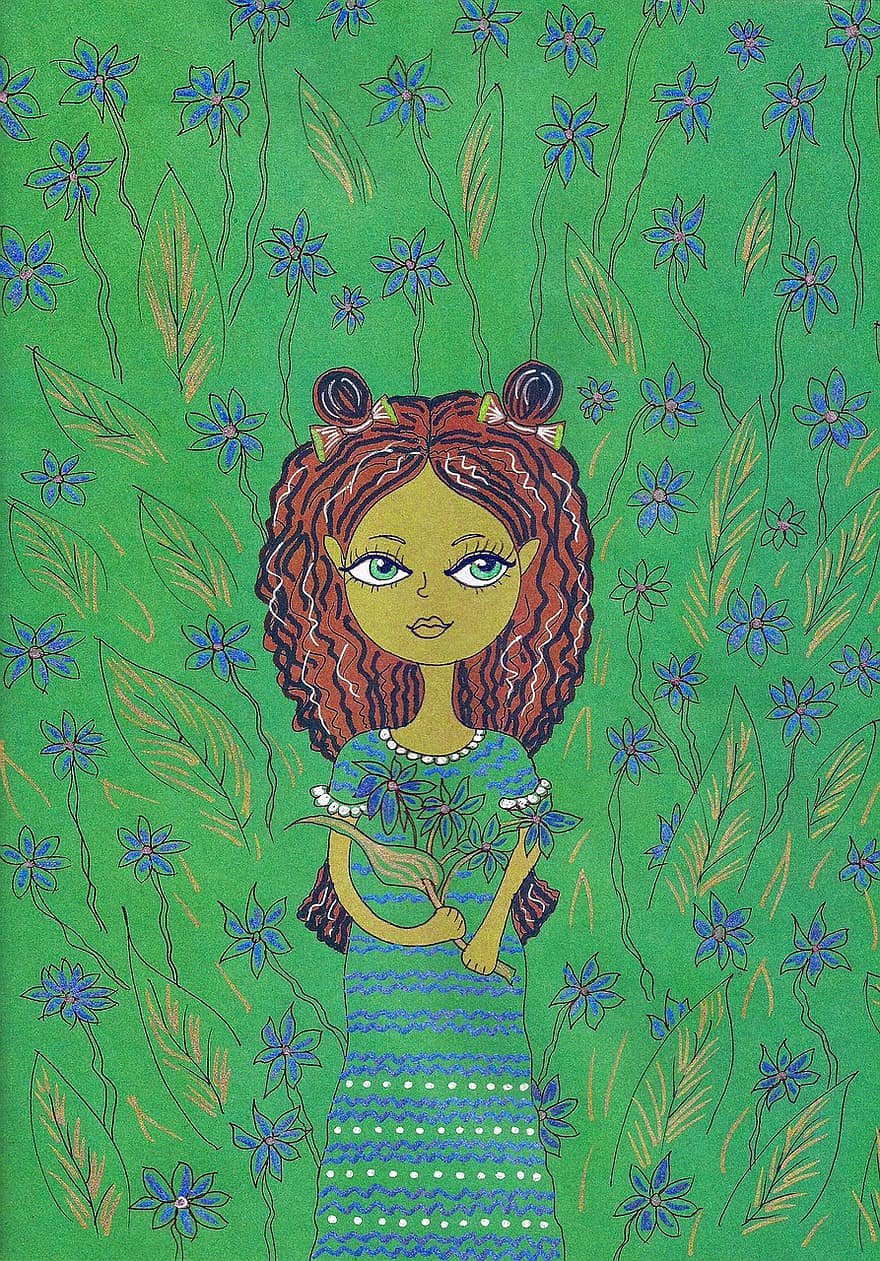 meitene, ziedi, pļava, Bērnu ilustrācija, skice, zīmējums, portrets, vēsture, fantāzija, mežs, elfs