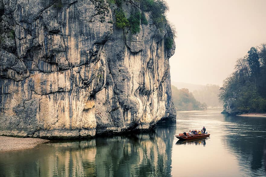 Boat, Rock, Gorge, River, Cruise, Mirroring, Gravel Bank, Bank, Water, Forest, Fog