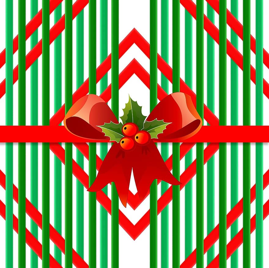 jul, gave, pakke inn, dekorasjon, rød, grønn, bånd, Bue, kristtorn, sesong, festlig