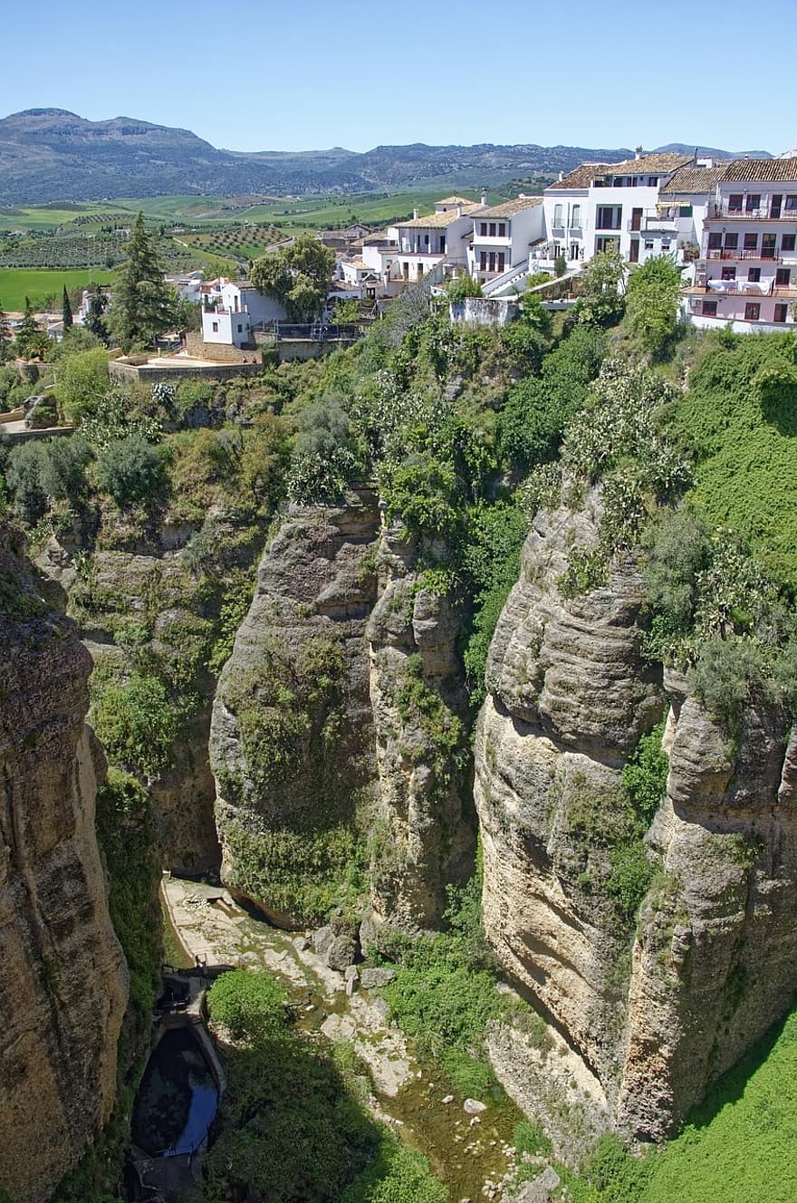 canyon, paret empinada, espanya, andalusia, Província de Màlaga, ronda, ciutat, centre històric, edifici, històric, panorama