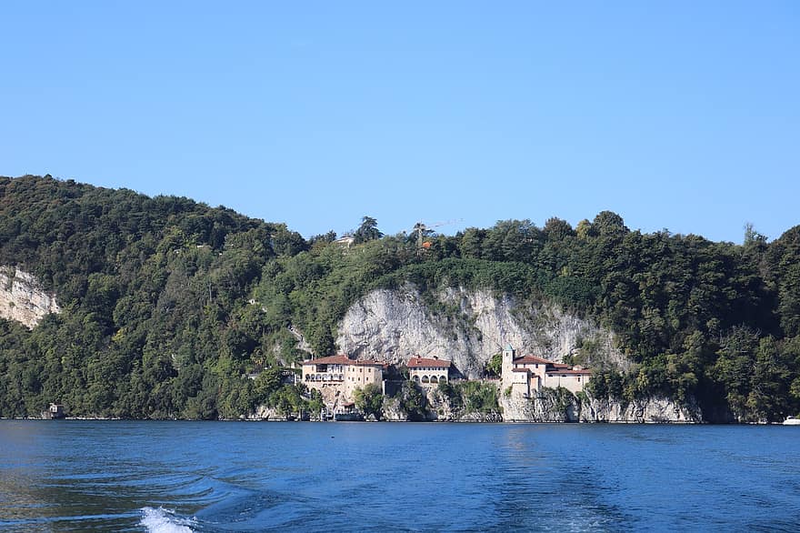 Santa Caterina Del Sasso, manastır, göl, dağlar, binalar, Hristiyanlık, doğa, lombardy
