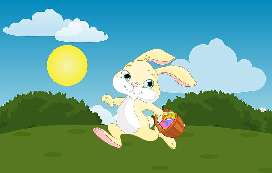 Pasqua, conill, dibuixos animats, ou, cistella, animal, bonic, jardí, adorable, llebre, somriu
