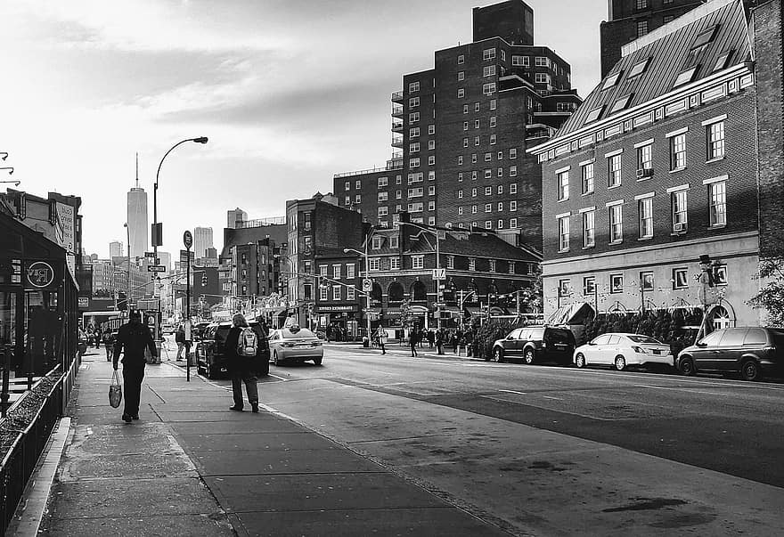 Nova york, cidade, estrada, rua, monocromático, calçada, tráfego, prédios, arranha-céus, centro da cidade, urbano